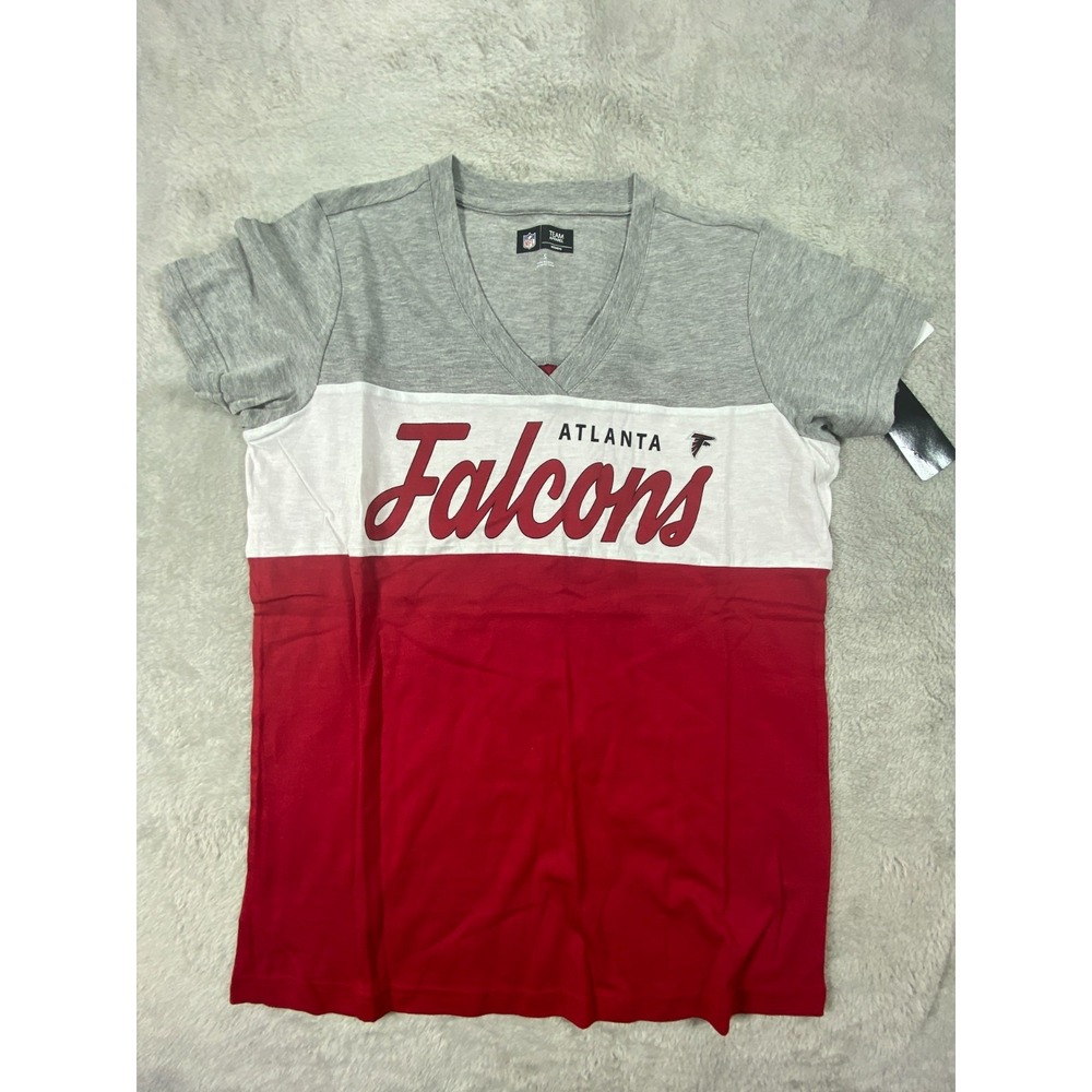NEW NFL Team Apparel ATLANTA FALCONS Womens T Shirt Small Striped Logo Spellout - Picture 2 of 9